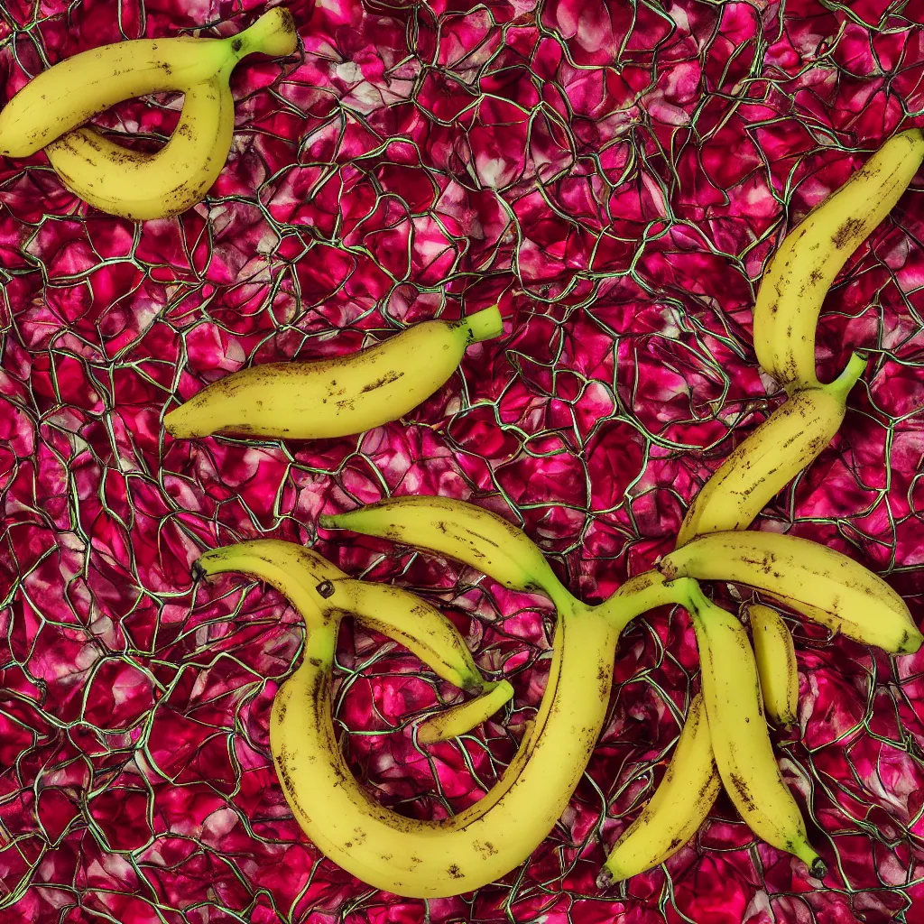 Prompt: high fashion haute couture spiked bananas, and form a complex fractal, cracked, vegetable foliage, with red petals and shiny stems, mesh roots, hyper real, food photography, high quality