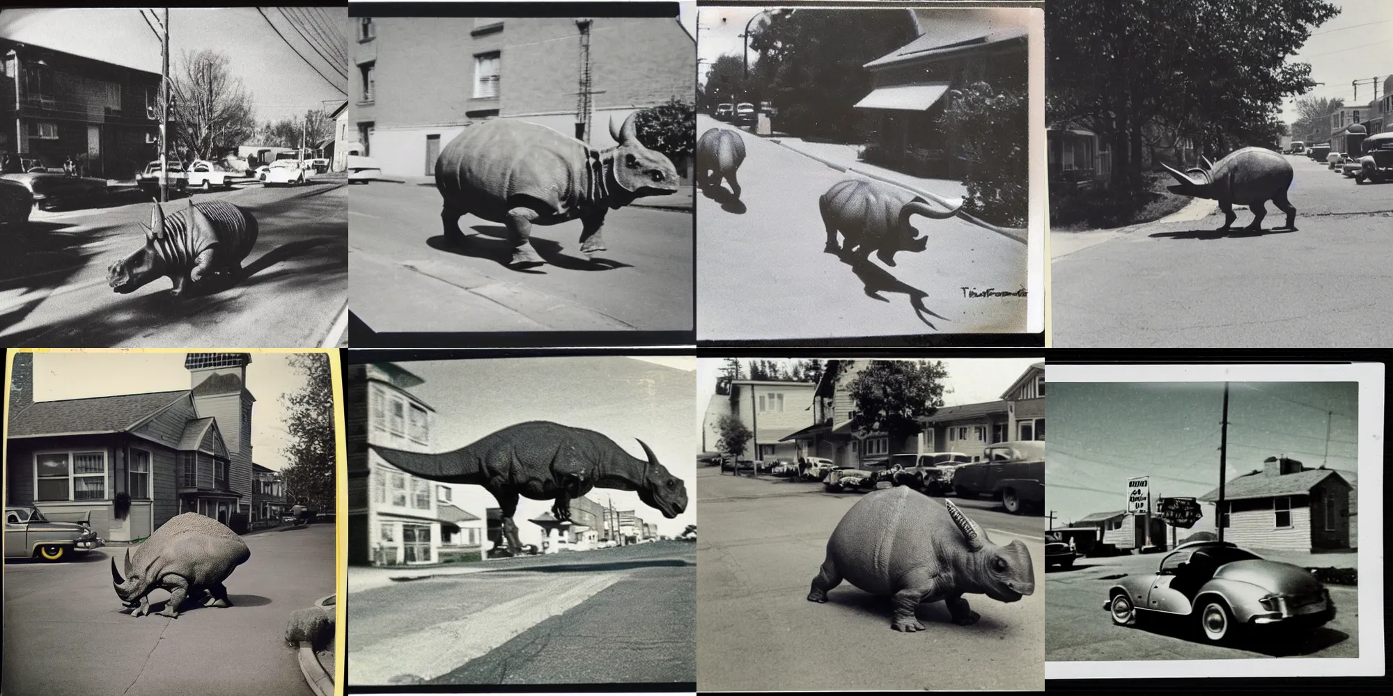 Prompt: old polaroid from 1 9 5 2 depicting a triceratops on a street, in an american suburb, sunny day