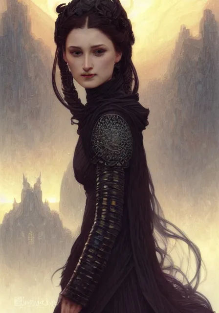 Image similar to portrait of dark sansa monster, intricate, elegant, highly detailed, digital painting, artstation, concept art, smooth, sharp focus, illustration, art by artgerm and greg rutkowski and alphonse mucha and william - adolphe bouguereau