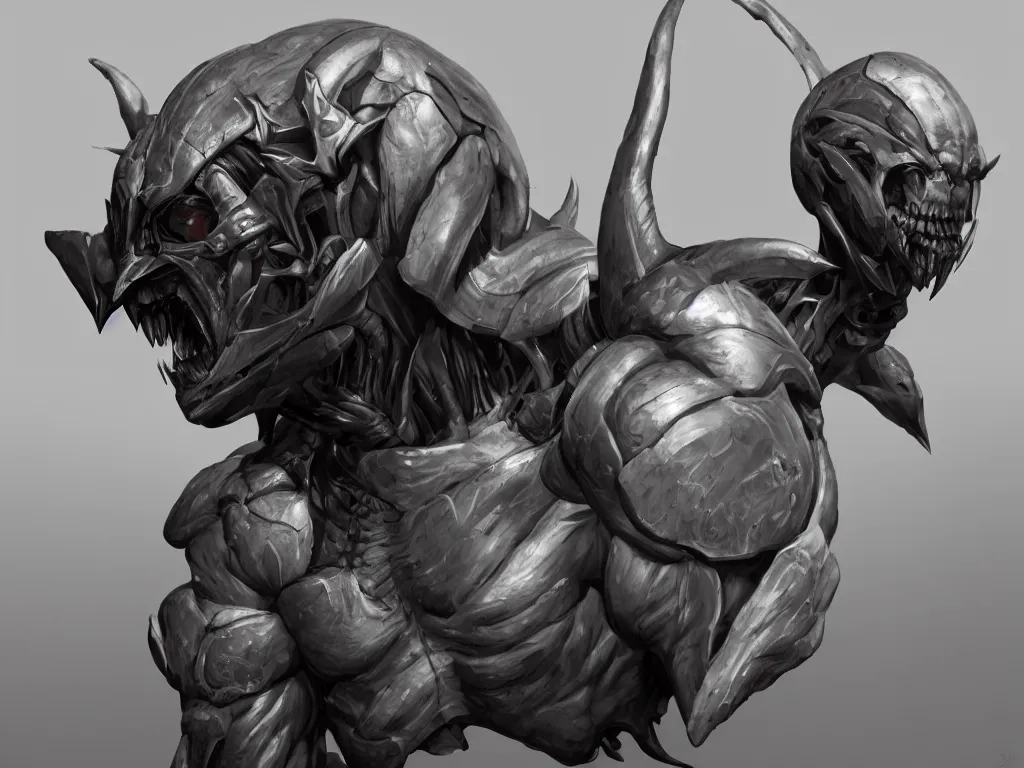 Image similar to game concept art, muscular, exoskeleton, chiroptera head, chiroptera ears, isopod, hyperrealism, fine detail, artstation, cgsociety, zbrush, no background