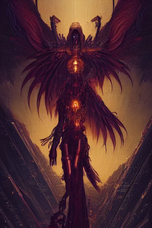 Prompt: a beautiful tarot card artwork of a cyberpunk fallen dark seraphim, horror, backlit, gloomy sky, highly detailed, digital painting, intricate golden threads, by eddie mendoza and greg rutkowski and dan mumford and artgerm, vivid colors, detailed shading, 8 k resolution, intricate, smooth