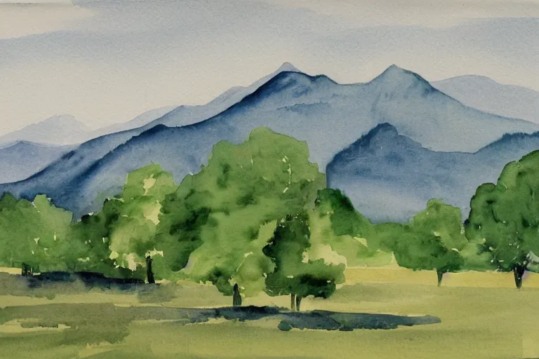 Prompt: green landscape with trees and mountains in the distance, watercolor