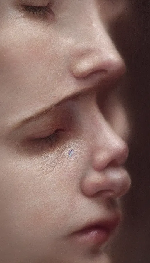 Prompt: cinematic portrait of young and severe woman with a crooked nose, intricate, elegant, by alyssa monks, highly detailed, symmetrical face, fine details, masterpiece, trending on artstation