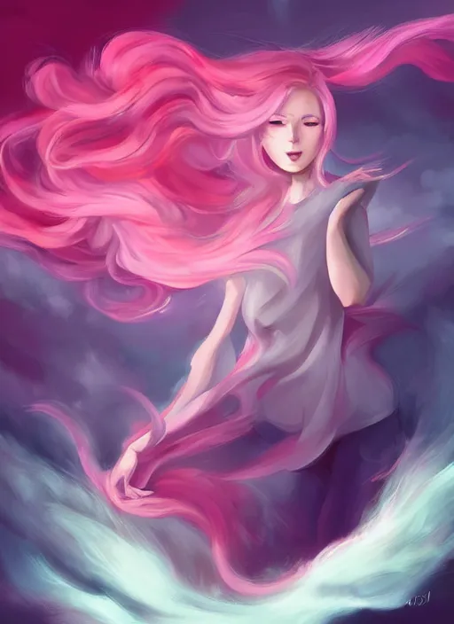 Image similar to digital painting, full body portrait, dynamic poses, anime face, joyful, woman, pink and grey clouds, glowing flowing hair, by lois van baarle, by loish, trending on artstatio