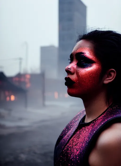 Prompt: Cinestill 50d photograph of a city on fire, a techwear mixed woman wearing thick mascara and dark glitter makeup crying outside of a city on fire, tattoos, tilted frame, 4k, 8k, hd, full color