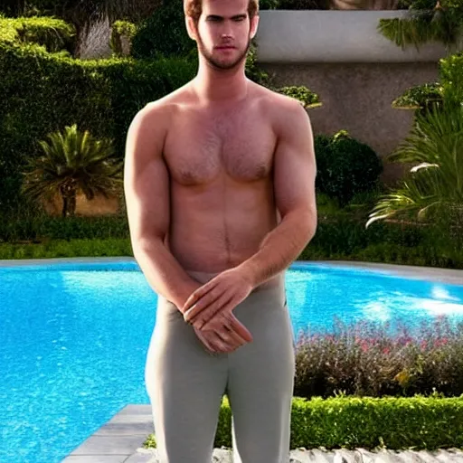 Image similar to a realistic detailed photo of a guy who is an attractive humanoid who is half robot and half humanoid, who is a male android, actor liam hemsworth, shiny skin, posing like a statue, blank stare, by the pool, on display, showing off his muscles