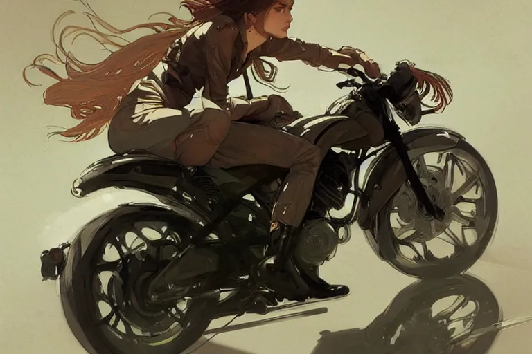 Image similar to a girl is riding a motorbike, digital painting, artstation,concept art, sharp focus, illustration, art by Krenz Cushart and Artem Demura and alphonse mucha