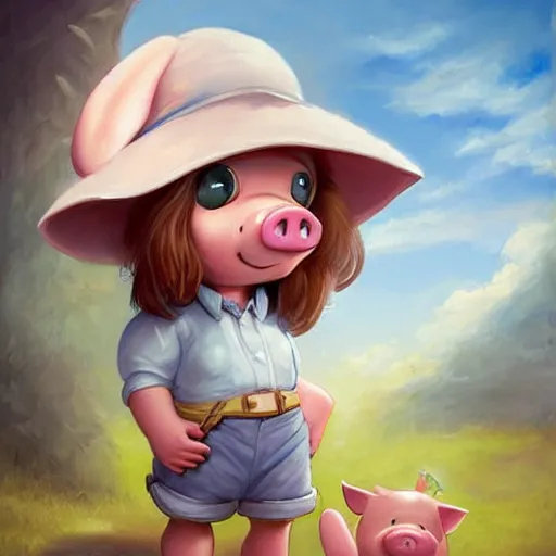 Image similar to cute little anthropomorphic funny female pig wearing shorts, a sunhat, boots and a pale blue shirt!! tiny!! fully clothed!!! small, short, cute and adorable, character art portrait, matte fantasy painting, deviantart artstation, by jason felix by steve argyle by tyler jacobson by peter mohrbacher, cinema