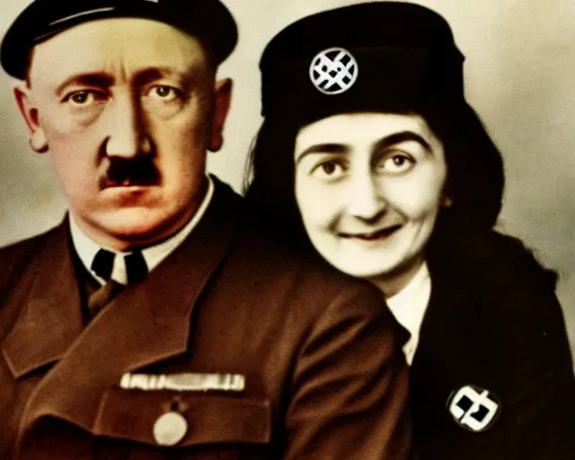 Prompt: a colourised and restored photo of Adolf Hitler together with Anne Frank as a happy couple, high quality, 8k,