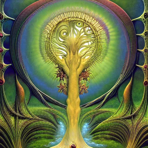 Image similar to divine chaos engine by roger dean and andrew ferez, tree of life, symbolist, visionary, art forms of nature by ernst haeckel, art nouveau botanical fractal structures, surreality, detailed, realistic,