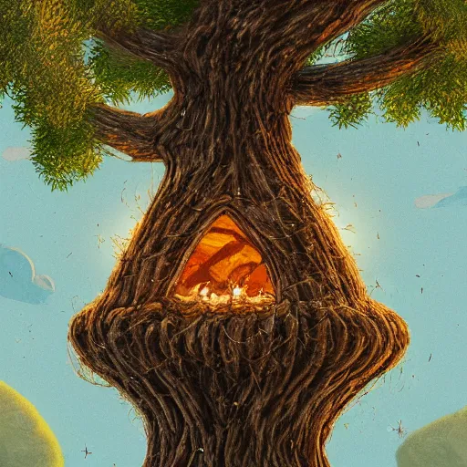 Prompt: digital illustration of a beehive hanging from a tree, with little campfires coming out of it, white background, trending on artstation