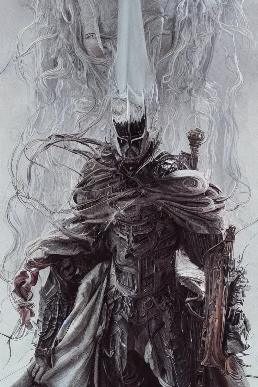 Prompt: the white knight with long hairs, art by James Jean and Wayne Barlowe, high detail, cinematic, cgsociety 8k