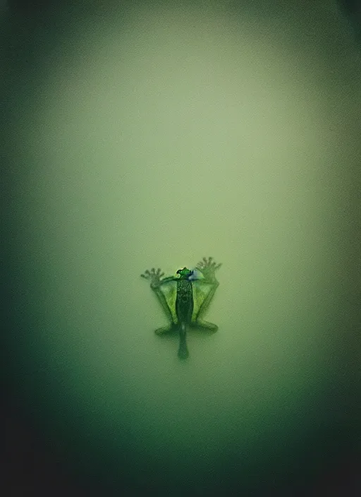 Image similar to “ghostlike frog amphibian vertically hovering over misty lake waters in jesus christ pose, low angle, long cinematic shot by Andrei Tarkovsky, paranormal, eerie, mystical”