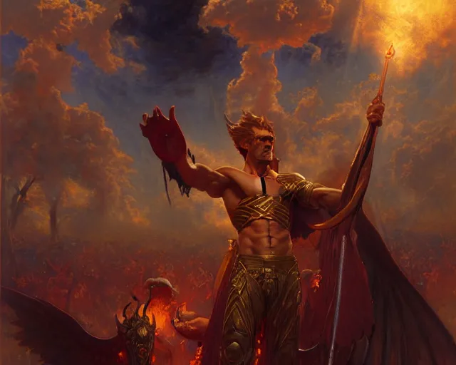 Image similar to attractive male deity, casting demonic magic, summoning handsome lucifer morning star. highly detailed painting by gaston bussiere, craig mullins, j. c. leyendecker 8 k