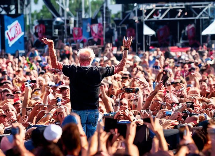 Image similar to photo still of clint eastwood on stage at vans warped tour!!!!!!!! at age 6 8 years old 6 8 years of age!!!!!!!! stage diving into the crowd, 8 k, 8 5 mm f 1. 8, studio lighting, rim light, right side key light