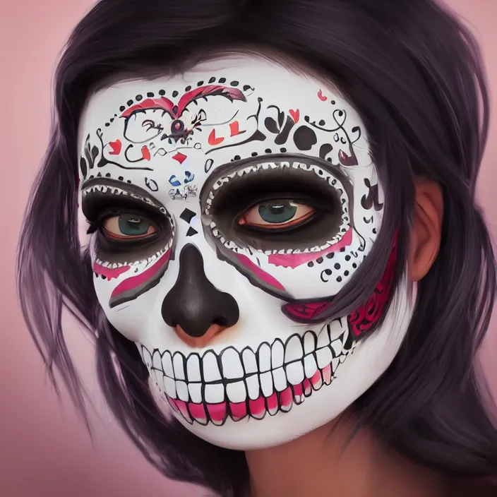 Prompt: a smiling girl with long black hair, her face slightly painted as dia de los muertos, by alozuniga. with the style of arcane ( 2 0 2 1 ). digital draw, digital art, trending on instagram, digital painting. octane render, unreal engine, beautiful lips.