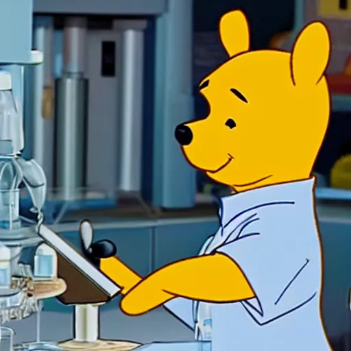 Image similar to winnie the pooh dressed in a lab coat working in a brightly lit laboratory