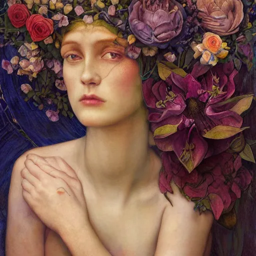 Prompt: flower queen, by annie swynnerton and tino rodriguez and charlie bowater and tom bagshaw and nicholas roerich and jean delville and evelyn de morgan and lucien freud, dramatic lighting, floral tattoos, rich colors, smooth sharp focus, extremely detailed, adolf wolfli