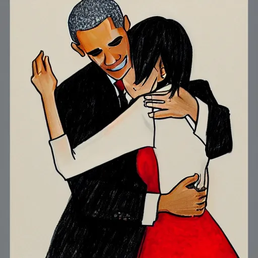 Image similar to A traditional drawing of Barack Obama hugging his anime waifu, detailed, semi chibi style, trending on Pixiv