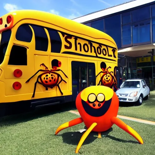 Image similar to a giant spider made out of schoolbus, a school bus in the shape of a spider