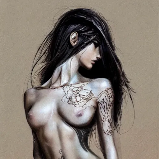 Image similar to tattoo design, a professional painting of a beautiful young female, partially clothed in battle armor, olive skin, long dark hair, beautiful bone structure, symmetrical facial features, intricate, elegant, digital painting, concept art, smooth, sharp focus, illustration, from Metal Gear, by Ruan Jia and Mandy Jurgens and Greg Rutkowski and Artgerm and William-Adolphe Bouguerea and artgerm, cat girl, anime