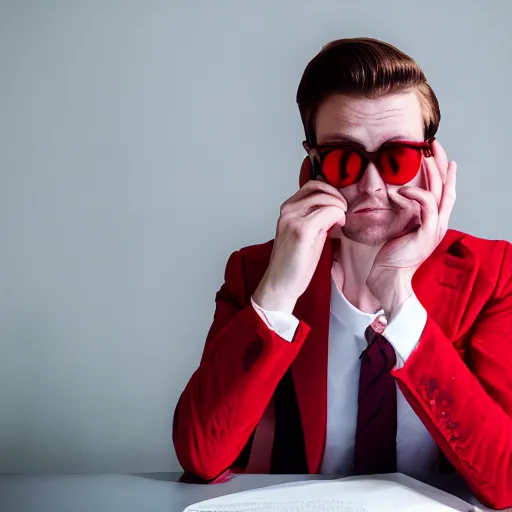 Prompt: portrait front view of a man in a red suit sitting at a desk, red lenses sunglasses, pale skin, photograph by Wes Anderson