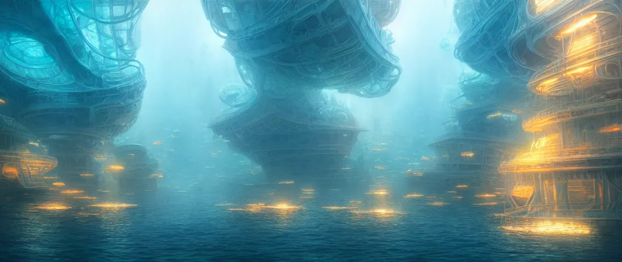 Image similar to hyperrealistic hyper detailed underwater neo-dystopian city of atlantis surrounded by giant pearlescent jellyfish matte painting concept art maciej kuciara hajime sorayama cinematic soft orange lighting low angle hd 8k sharp shallow depth of field