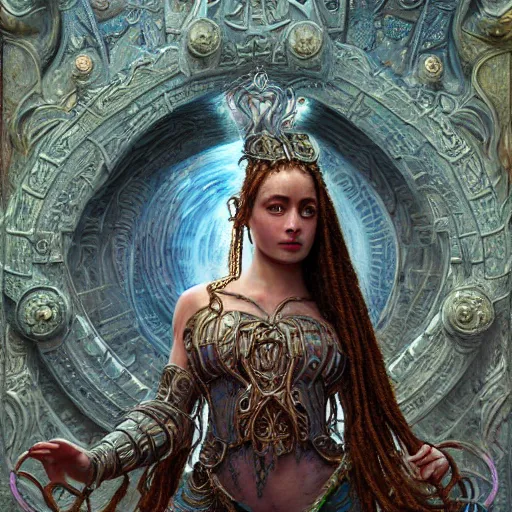 Image similar to intricate detail, hyper detail, lady of elche techno mystic princess intergalactica, inanna, ashteroth, with aqua neon rapunzel dreadlocks, mami wata, detailed, by gaston bussiere, bayard wu, greg rutkowski, h. r. giger, greg rutkowski, sandro botticelli, masterpiece, sharp focus,