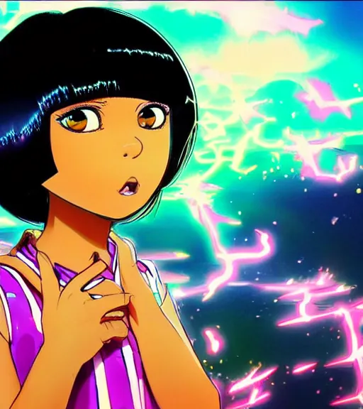 Prompt: beautiful closeup portrait of a black bobcut hair style futuristic dora the explorer in a blend of 8 0 s anime - style art, augmented with vibrant composition and color, filtered through a cybernetic lens, by hiroyuki mitsume - takahashi and noriyoshi ohrai and annie leibovitz, dynamic lighting, flashy modern background with black stripes