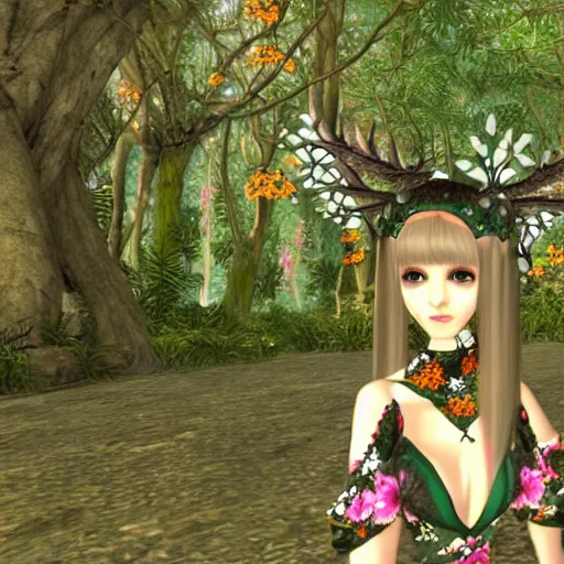 Prompt: cute female forest spirit wearing ornate floral cybernetic mughal valentino resort dress in a 3 d psx ps 2 jrpg style, esoteric scifi magical alien ruins ritual environment, fashion gameplay screenshot, highly detailed, atelier, xenogears