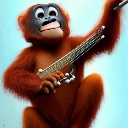 Prompt: An adorable whimsical orangutang conducting an orchestra, highly detailed, digital painting, artstation, concept art, smooth, sharp focus, studio light, by Pixar and Disney and Justin Gerard,