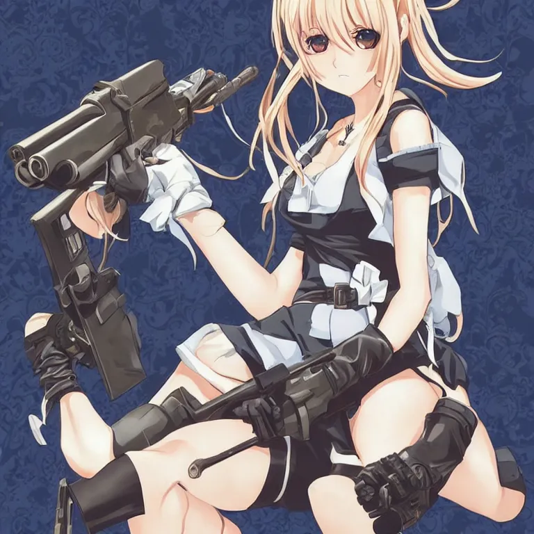 Prompt: beautiful illustration of anime maid holding machine gun, stunning and rich detail, pretty face and eyes, action pose