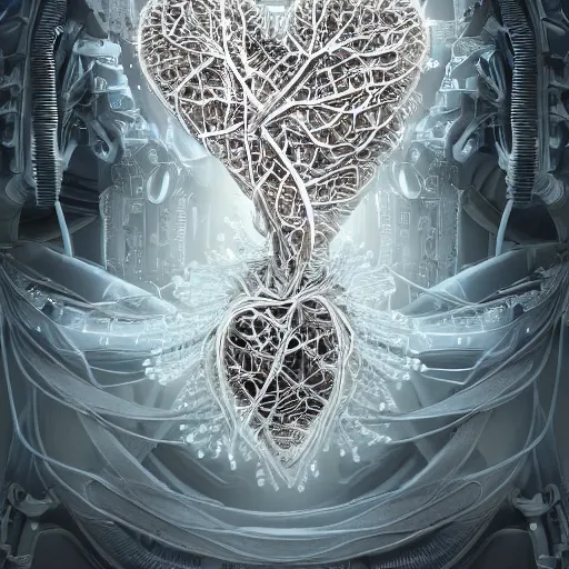 Prompt: biocomputer heart in intricate intertwined with white biocomputer flowers, biomechanical flowers, intricate environment, matte painting, diffused lighting, highly detailed cinematic, epic composition, highly detailed, atmospheric, wide angle, artstation trending