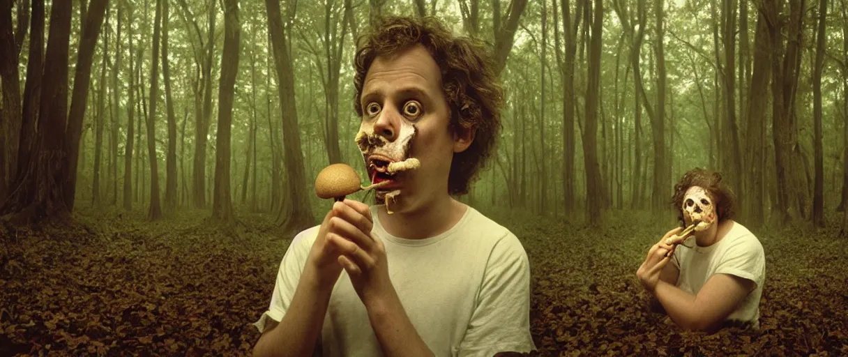 Image similar to award winning photo of a todd solondz charles thompson iv eating a mushrooms and becoming nature, sad, symmetrical face, beautiful eyes, studio lighting, wide shot art by sally mann & arnold newman