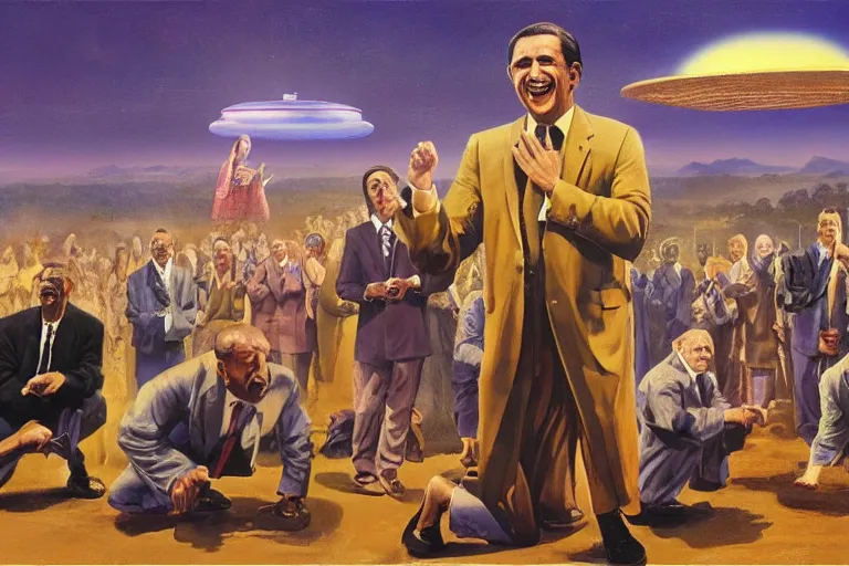 Prompt: a picture of a happy salesman in a suit at a alter speaking to a crowd of kneeling worshipers in robes, a ufo in the sky, sunrise, a detailed matte painting by mort kunstler, pixiv, kitsch movement, hellish background, movie poster, official art