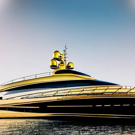 Image similar to old man polishing a gold plated mega yacht, docked at harbor, clear and focused, elegant, photograph