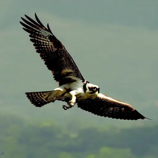 Image similar to a modern, dynamic graphic logo of a fearsome osprey in flight