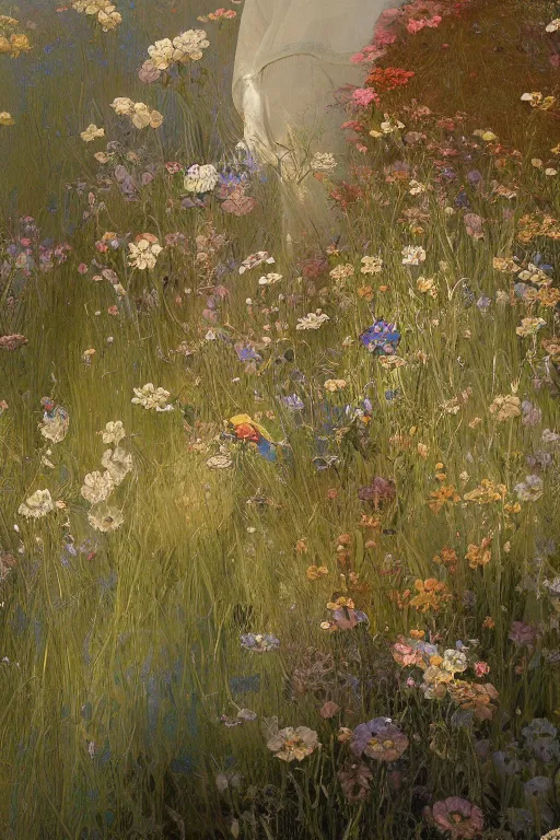 Image similar to an intricate artistic painting of a beautiful wallpaper art pattern made of elegant meadows with painterly motives and textures, hyper detailed, octane render, vivid colors, artstation, by jeremy mann, by alphonse mucha