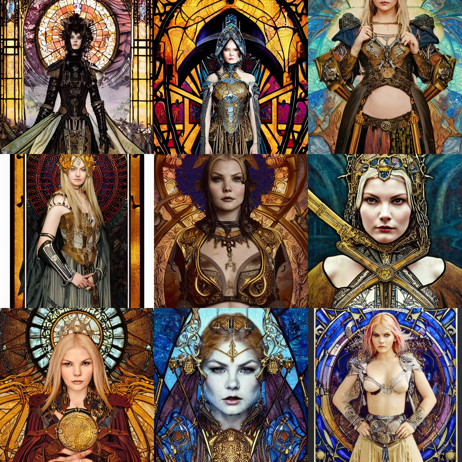 Prompt: Elisha Cuthbert as a Gothic warrior, intricate medieval armour, masterpiece centred symmetrical portrait, stained glass abstract backdrop, shoulders and head, art nouveau tarot style, golden halo, by Edgar Maxence, Ross Tran, distaw Beksinski, Michael Whelan, gustav dore, H.R. Giger, and Mucha, 8k, octane render