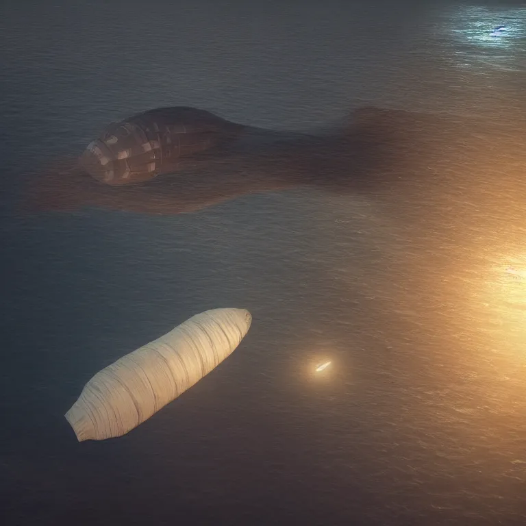 Prompt: a dirigible made of dark matter cruising the depth of the sea , cinematic lighting, photorealistic image, 8k, ultra detailed, high resolution,