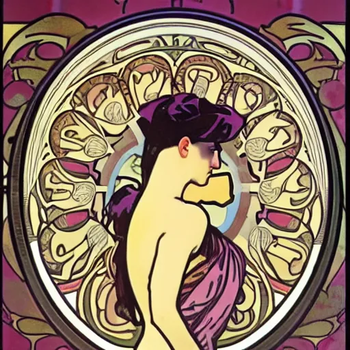 Prompt: narcissism in the style of alphonse mucha