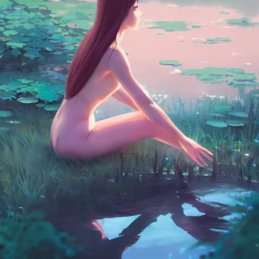 Image similar to fantasy woman girl kneeling in a pond miss attractive eye catching official fanart behance hd artstation by Rossdraws and Jesper Ejsing, by Makoto Shinkai and Lois van baarle, ilya kuvshinov, portrait soft pink theme