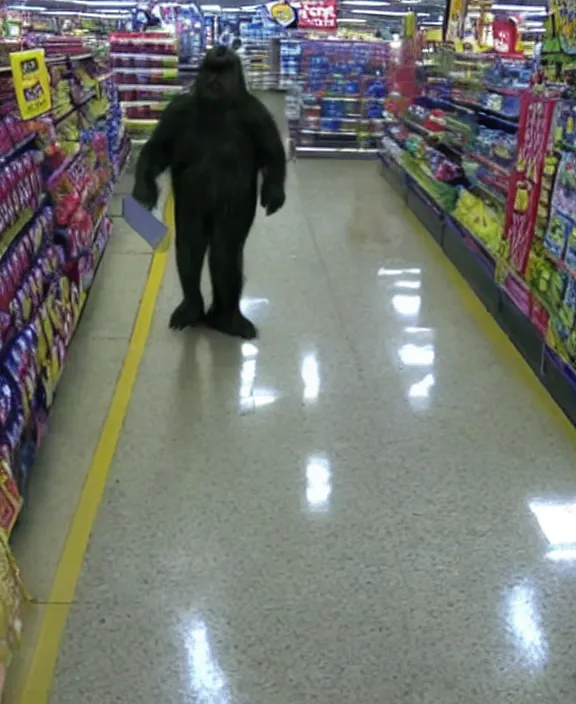 Prompt: cctv capture of bigfoot in a walmart looking for bananas