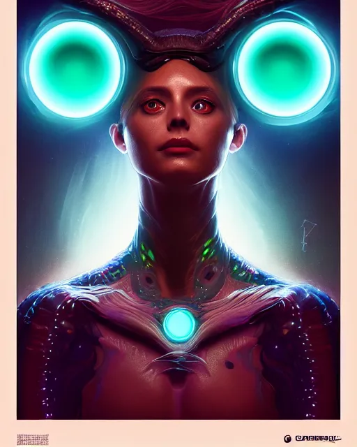 Image similar to one singular portrait of a bioluminescent alien creature with big glowing eyes, highly detailed, digital painting, cinematic, hyper realism, dark retrowave, art by Stanley Lau and Artgerm and magali villeneuve and Alphonse Mucha, artstation, octane render, cgsociety