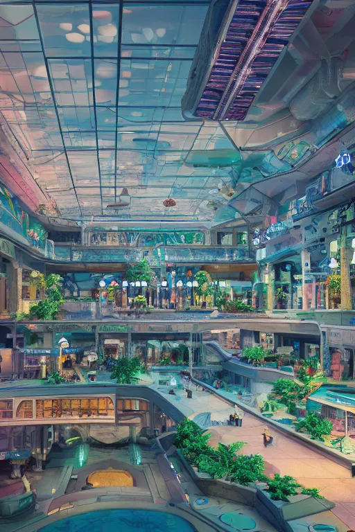 Image similar to render of a cybertron aesthetic indoor liminal retro futuristic mall with a lazy river, long shot, cinematography by Wes Anderson, 4k octane render, intricate detail, photorealistic , cinematic lighting, Artstation