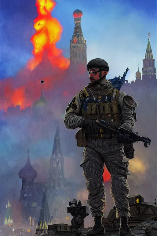 Image similar to special forces soldier with ukrainian blue and yellow shoulder patch watches red square kremlin burn in the background, d & d, fantasy, bright atmosphere, volumetric lights, intricate, elegant, extremely detailed, digital painting, artstation, concept art, matte, smooth, sharp focus, hyper realistic, illustration, art by artgerm and greg rutkowski and alphonse mucha