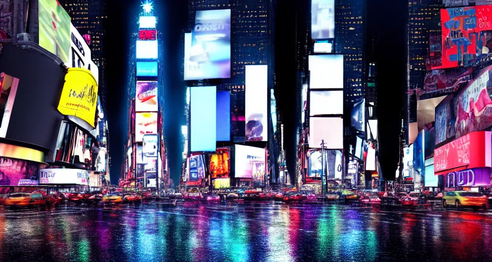 Image similar to times square, night, lofi, rainy day, mood, octane render, light leaks 4 k premiere pro, hyper realistic -