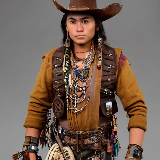 Prompt: young thin native American man, wearing cargo buckskin jacket buckskin tactical toolbelt pockets bandolier full of trinket and baubles, steampunk arcane shaman, deadlands, weird west