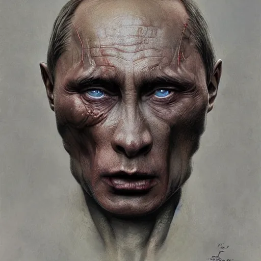 Prompt: vladimir putin, putin is bald prehistoric primate, reptiloid reptile alien eyes, toothless, horror macabre by donato giancola and greg rutkowski and wayne barlow and zdzisław beksinski, realistic face, digital art