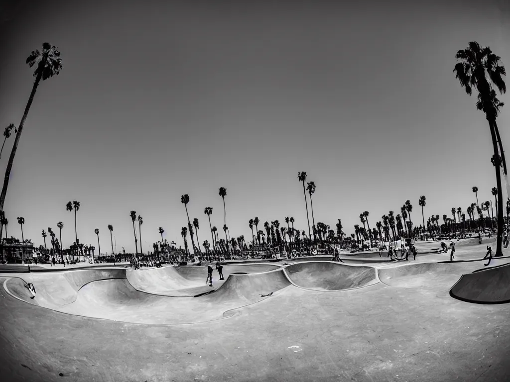 Prompt: “A black and white fisheye photo of Venice beach skate park”